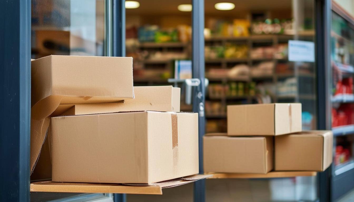 Boxes of products trying to brust out of a shop door