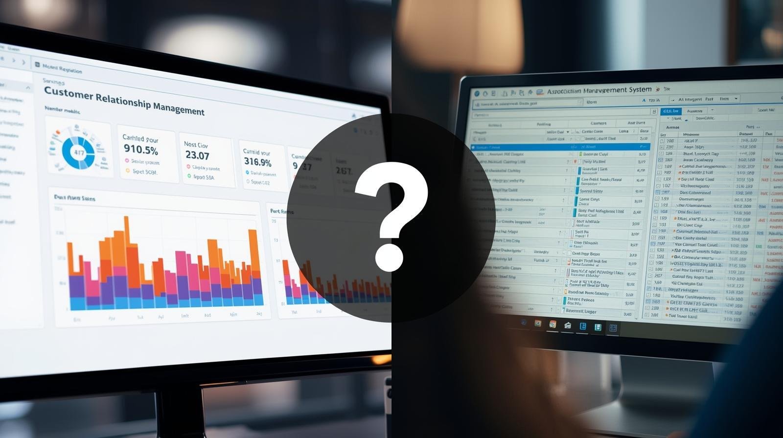 Create a photo image that depicts a split screen comparison of two digital platforms on the left a sleek modern interface representing a Customer Relationship Management CRM system It features vibrant graphs displaying member engagement met